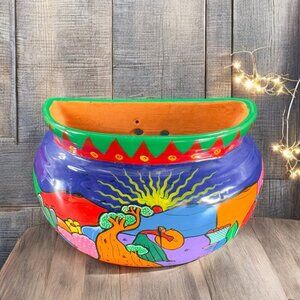 Vintage Mexico Folk Art Pottery Hand Painted Wall Pocket Vase Multicolor RedWare